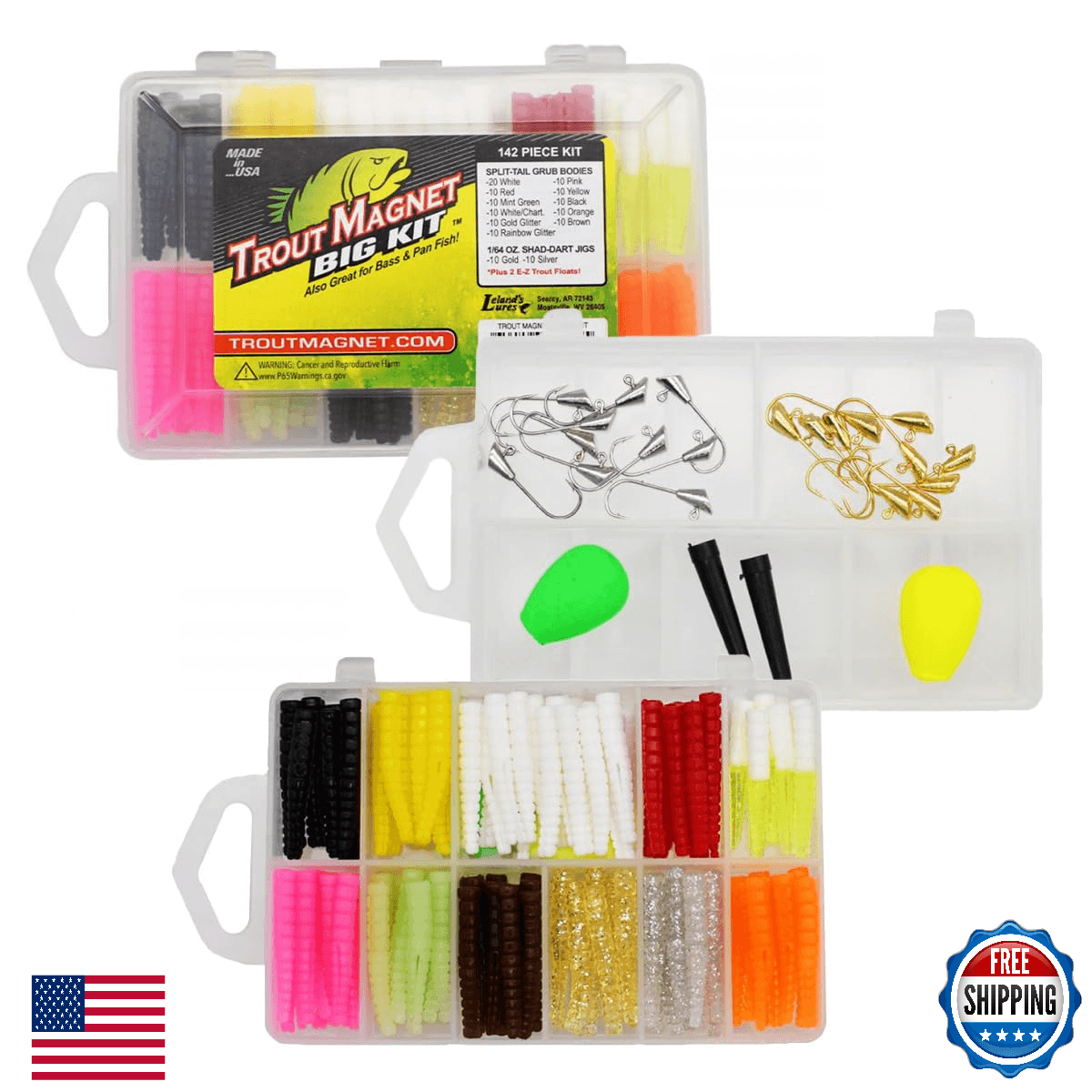 Trout Magnet Original 142 Pc Fishing Kit: 120 Grub Lures, Hooks, Floats for Trou - Image 1