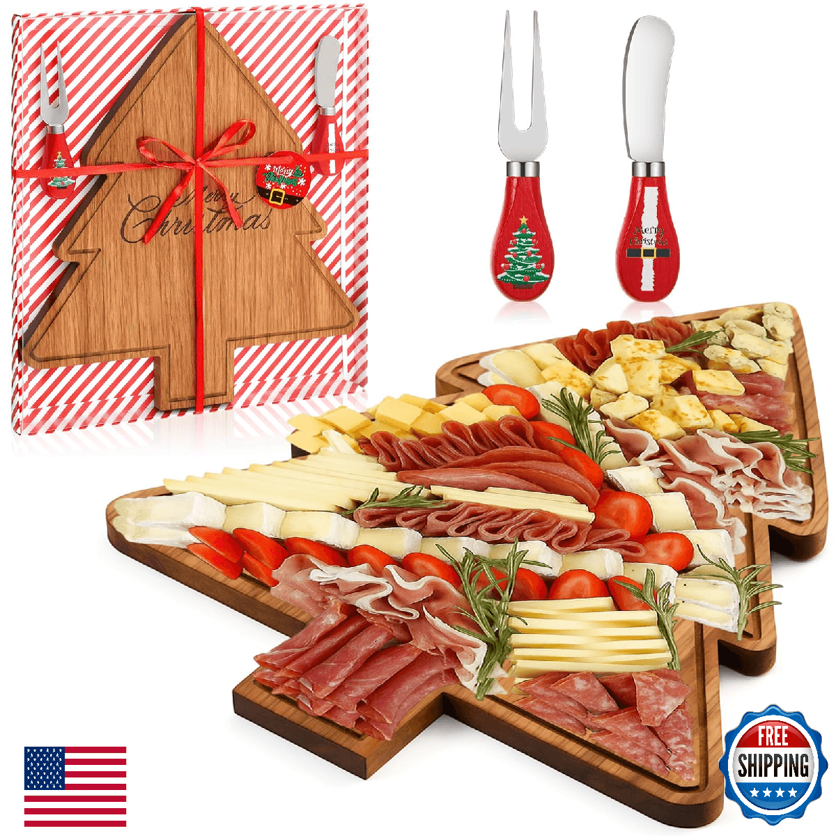Ziliny Christmas Tree Charcuterie Board Xmas Cutting Cheese Board Wooden Platter - Image 1