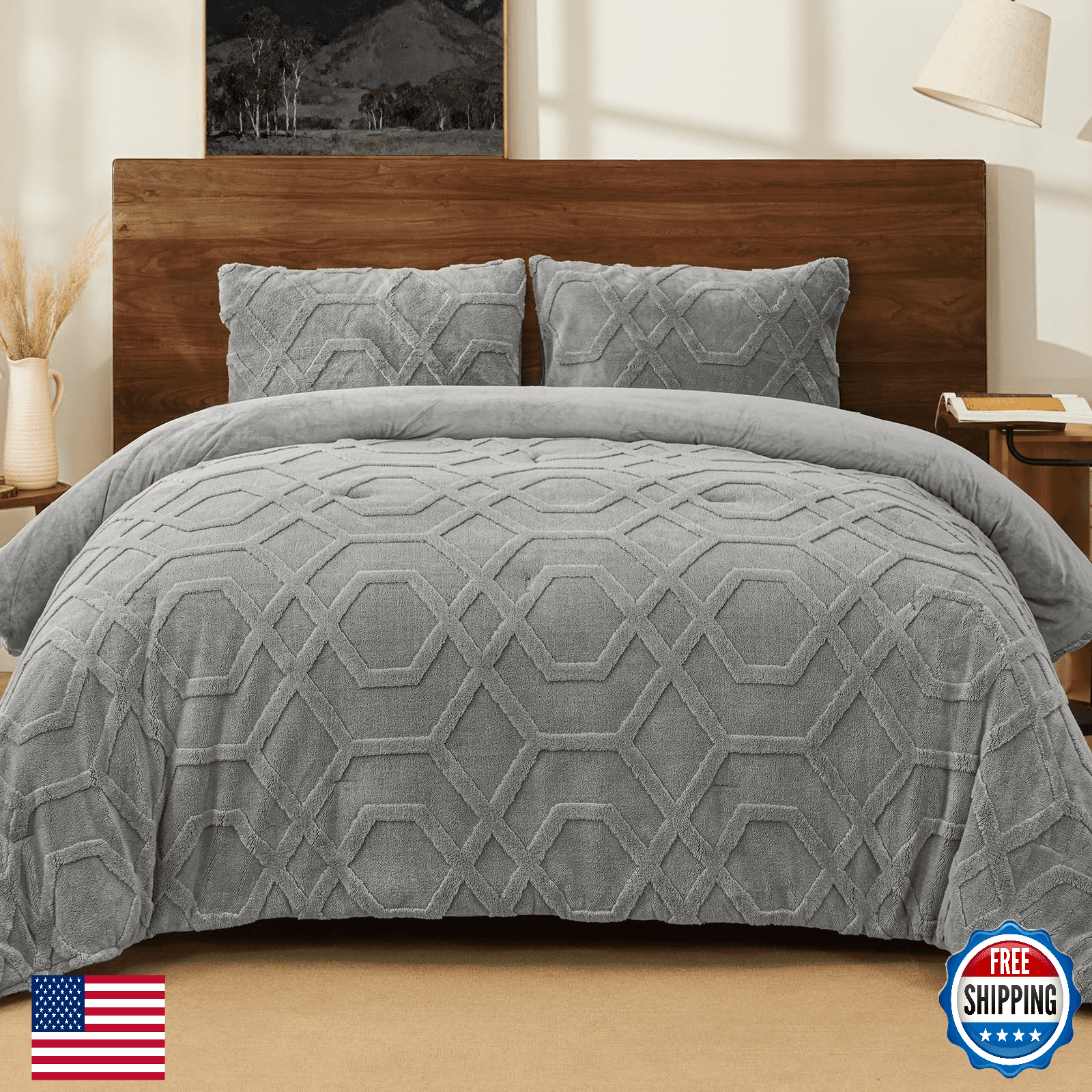 PHF King Sherpa Fleece Comforter Set, 3D Tufted Grey Bedding, Warm & Soft 2-Piec - Image 1