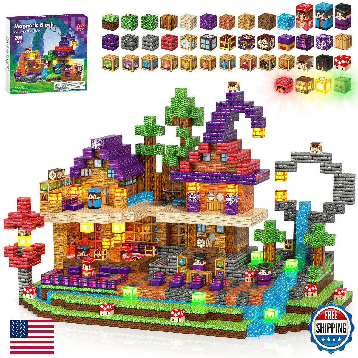 Kryzomat 200PCS Magnetic Blocks with Light-Up Blocks - Magnetic Blocks for Kids - Image 1