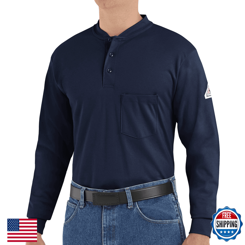 Bulwark Mens Flame Resistant 6.25 Oz Cotton Long Sleeve Tagless Henley Shirt - Image 1