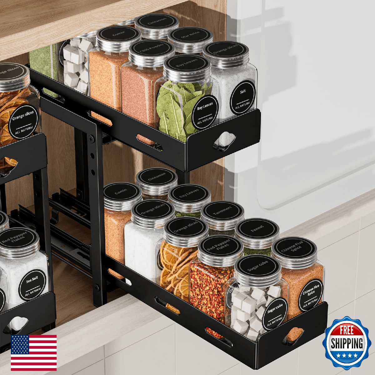 BOIVSHI Pull Out Spice Rack Organizer 2-Tier Vertical Adjustable Metal Black - Image 1