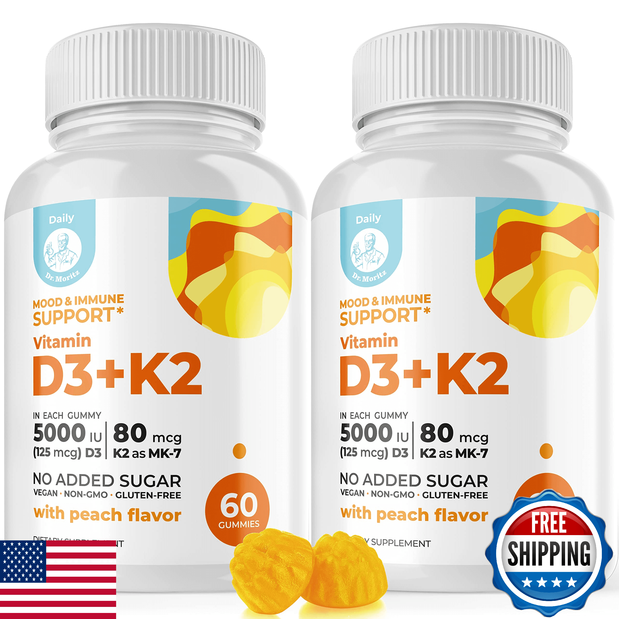DR. MORITZ Vitamin D3 K2 Gummies 5000 IU for Adults & Kids - Peach Flavor - Image 1