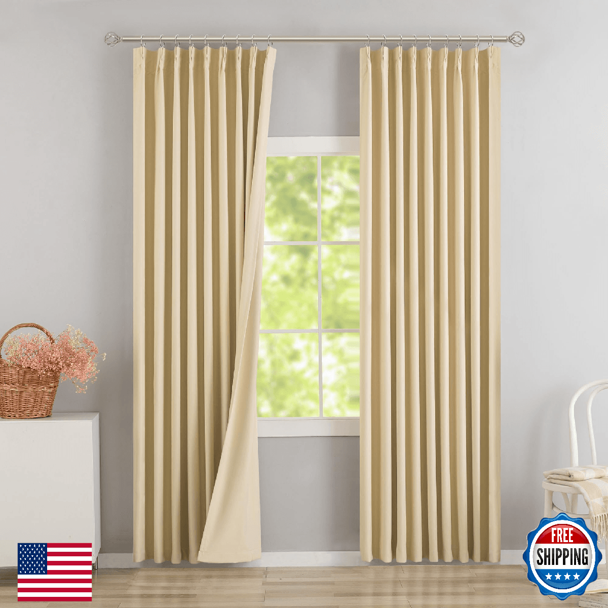 DONREN Beige Pinch Pleated Blackout Curtains for Living Room Bedroom Set of 2 40 - Image 1