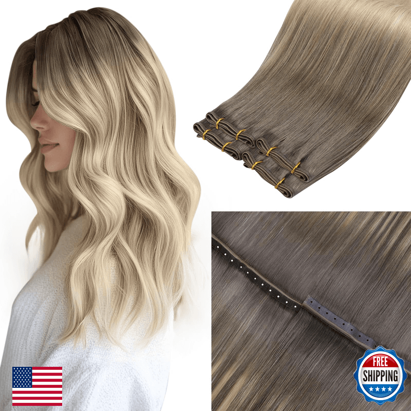 Laavoo Weft Butterfly Human Hair Extensions Balayage Brown Invisible 22 Inch - Image 1