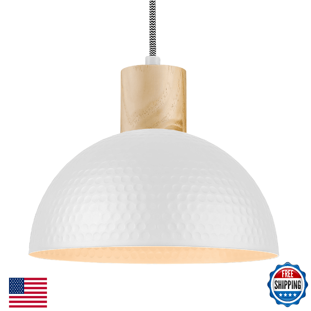 ELYONA 12" Hammered Pendant Light, Metal Dome Hanging Lamp Modern Solid Wood Pen - Image 1