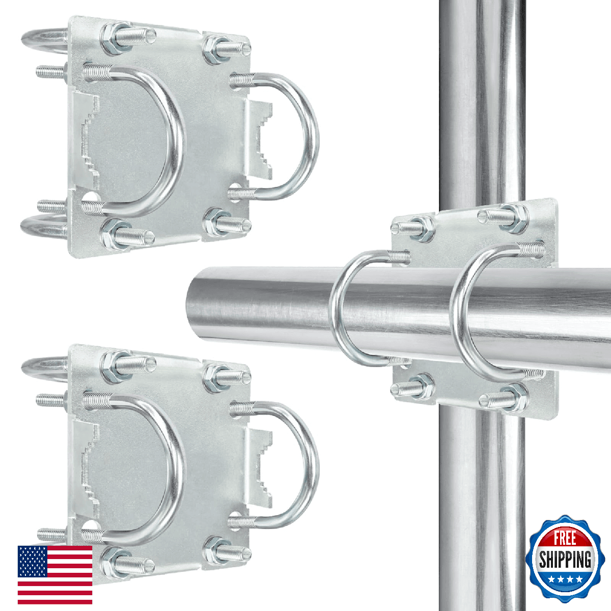 2 Sets Antenna Mast Clamp Cross-Over Bracket Kit w/ U-Bolts for 1"-2" OD Poles - Image 1