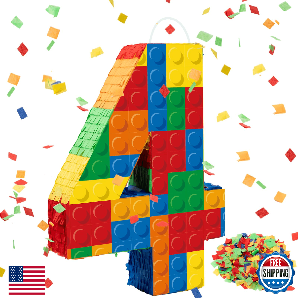 Number 4 Building Blocks Pinata - 16.5" Party Supplies, Birthday Decoration - Image 1