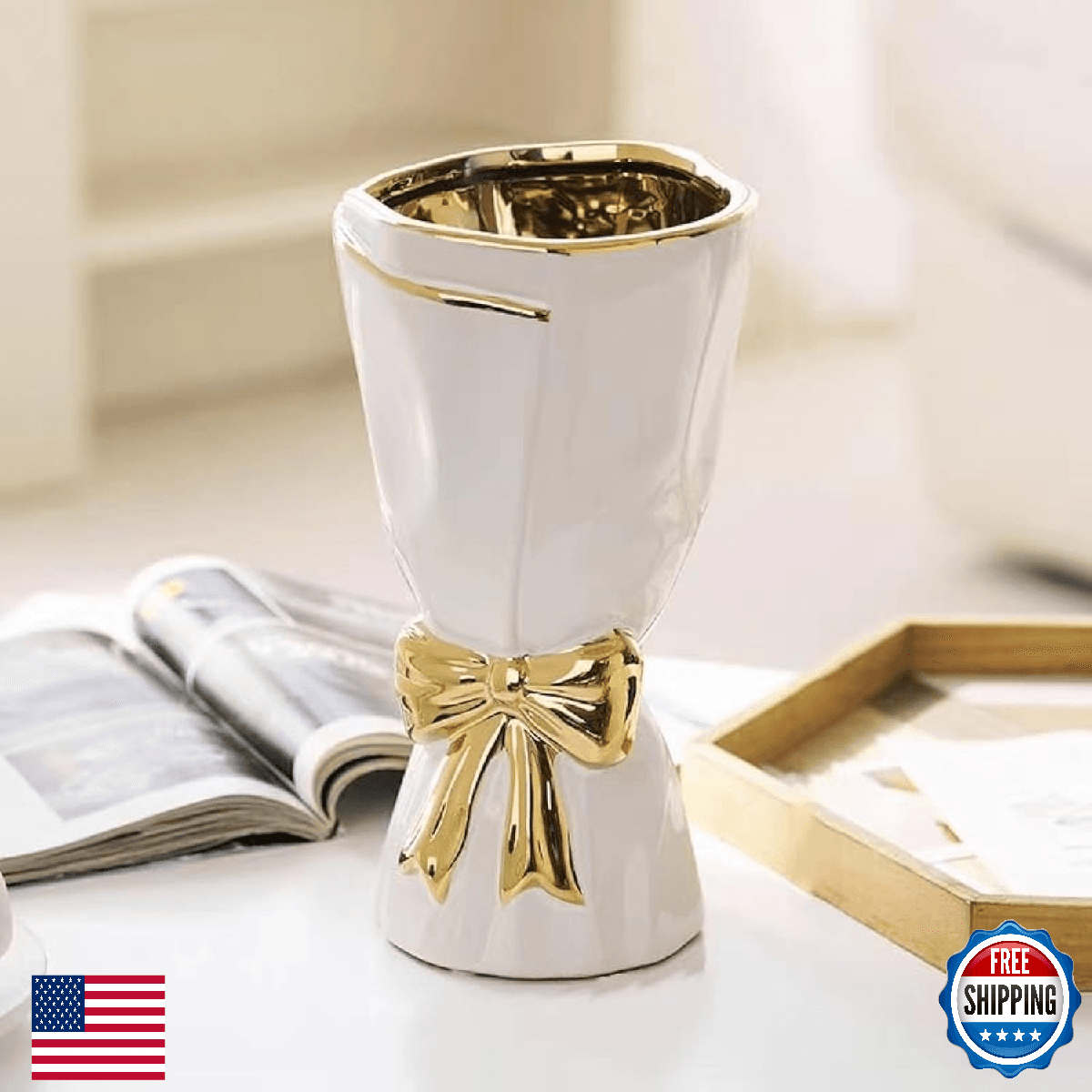 WLGRANJIA White and Gold Vase, Bow Vase for Home Decor, White Flower Vases for B - Image 1
