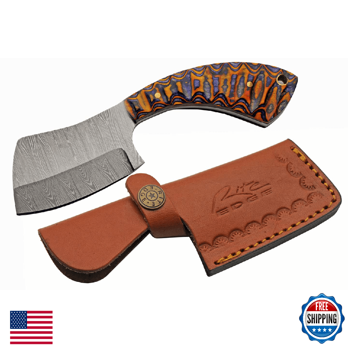SANZ Damascus 6.25" Cleaver Hunting Knife - Pakkawood Handle & Sheath - Image 1