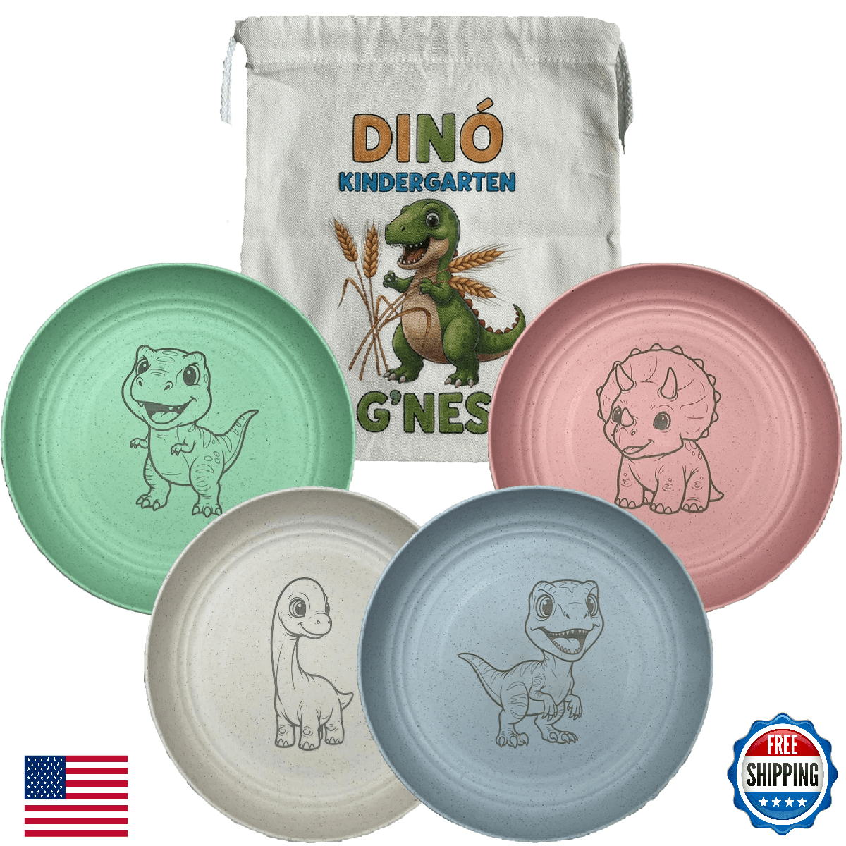 G’nes 9" Wheat Straw Toddler Plates (4-Pack) – Unbreakable, Non-Toxic Dinosaur K - Image 1