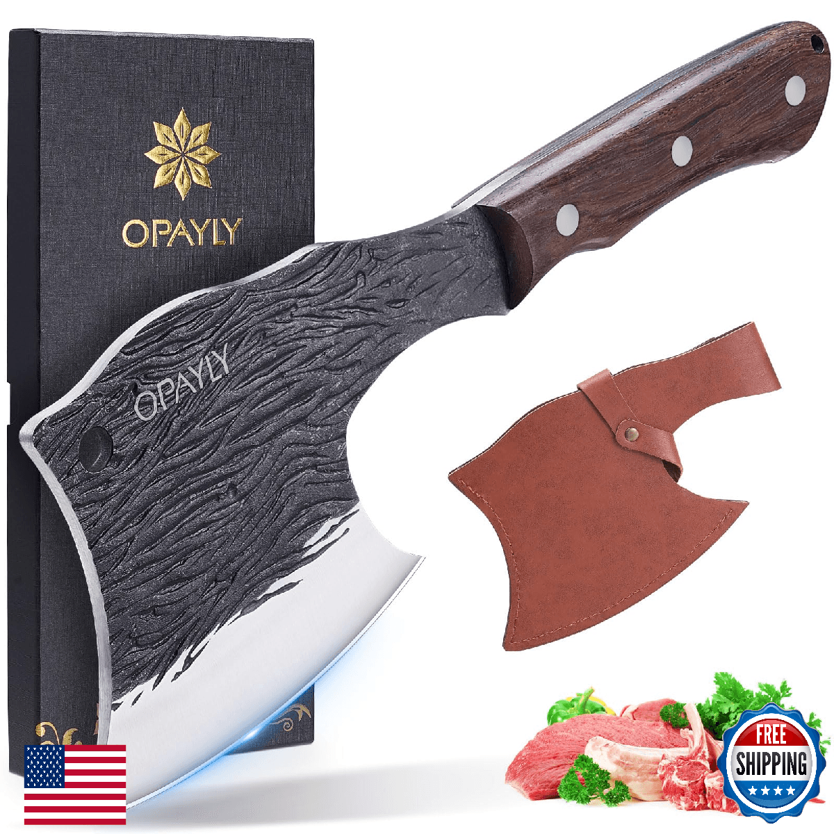 OPAYLY Heavy-Duty Bone Chopper Knife Hand Forged Meat Cutting with Cover Meat Bo - Image 1