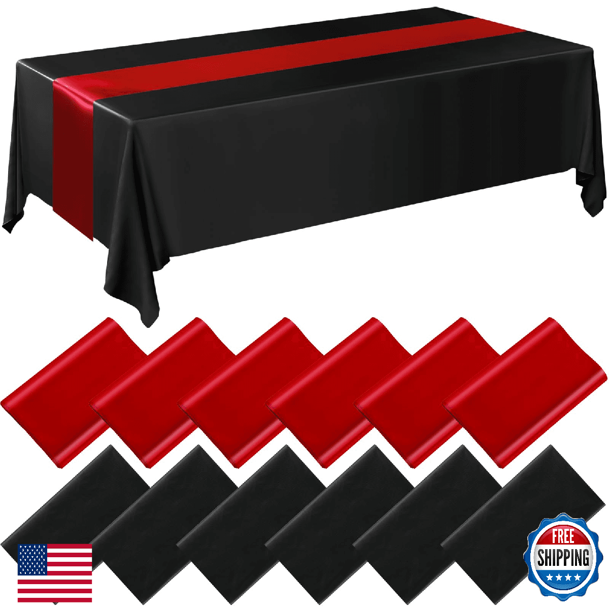 Tudomro 12 Pcs Black and Red Disposable Plastic Tablecloths and Satin Table Runn - Image 1