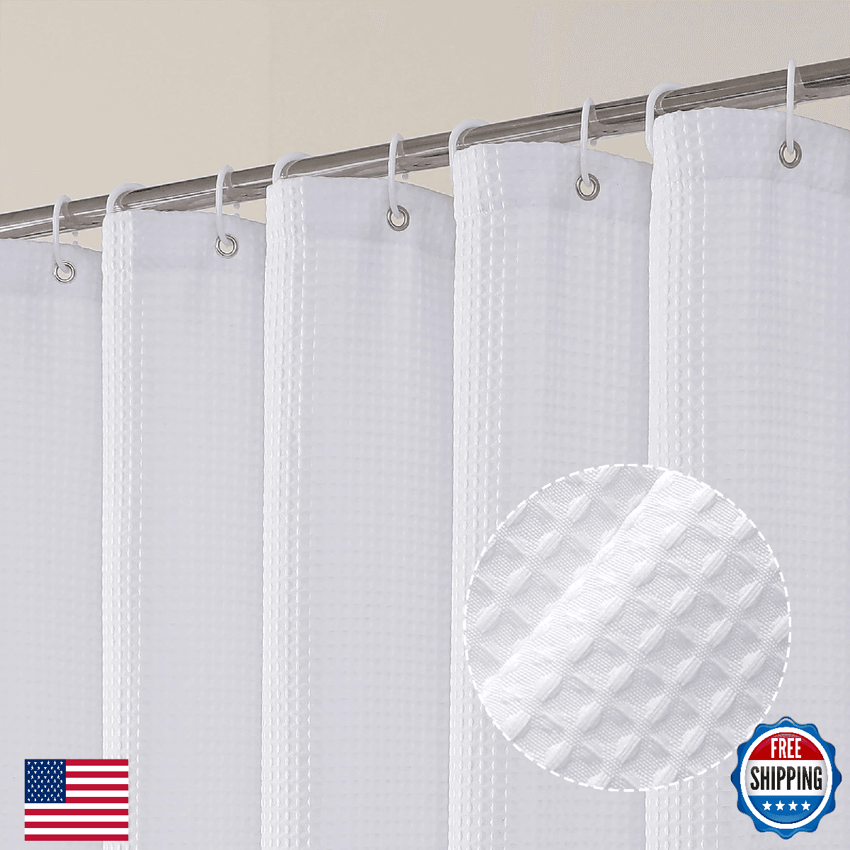 OVZME 96" White Waffle Weave Shower Curtain Set, Heavy Duty Polyester - Image 1