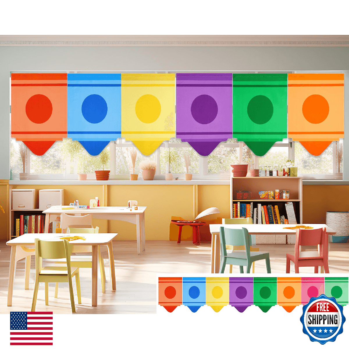 Cosblank Rainbow School Curtains - 8 Pcs Cartoon Crayon Classroom Decor for Back - Image 1