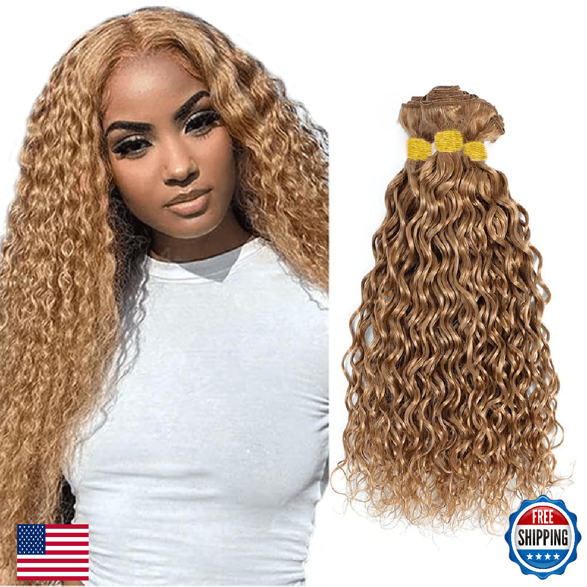 Color 27 Bundle Honey Blonde Curly Human Hair Bundles 26 28 30 Inch Brazilian Co - Image 1