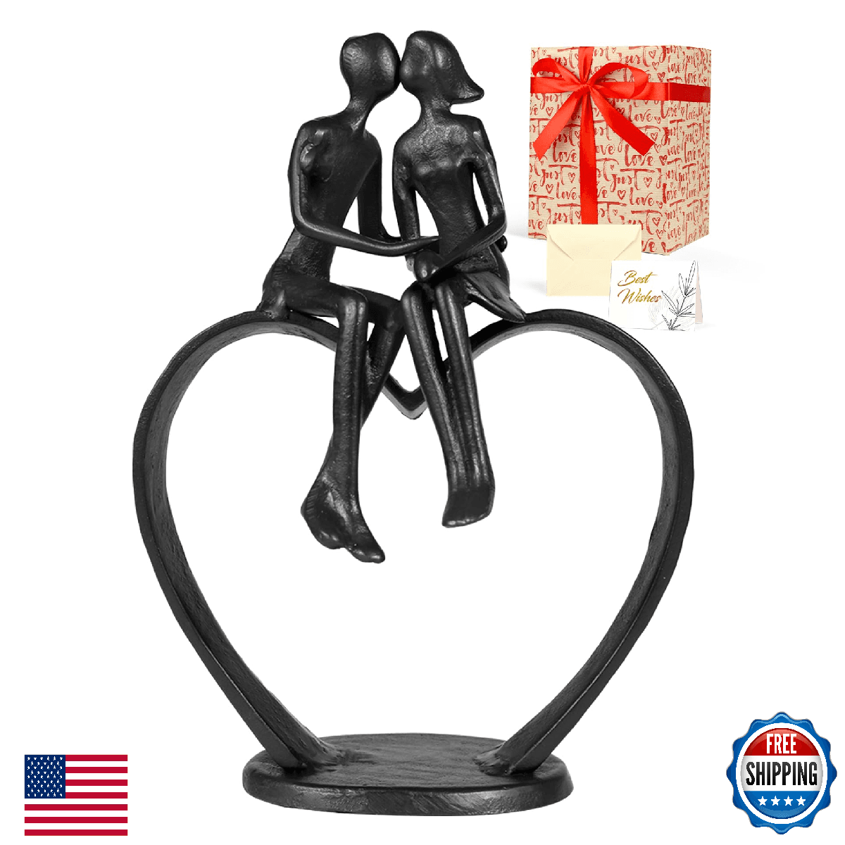 Kresecioo Gifts for Wife, Kissing Couple & Loving Heart Statue Cast Iron Sculptu - Image 1