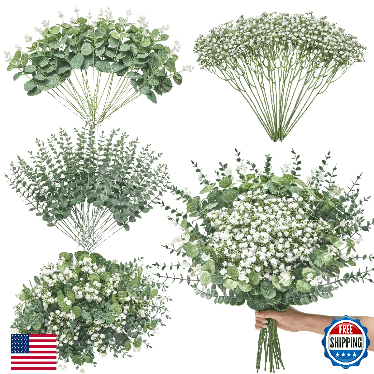 Serwalin 100 Pcs Mixed Artificial Eucalyptus Stems,Babys Breath Artificial Flowe - Image 1