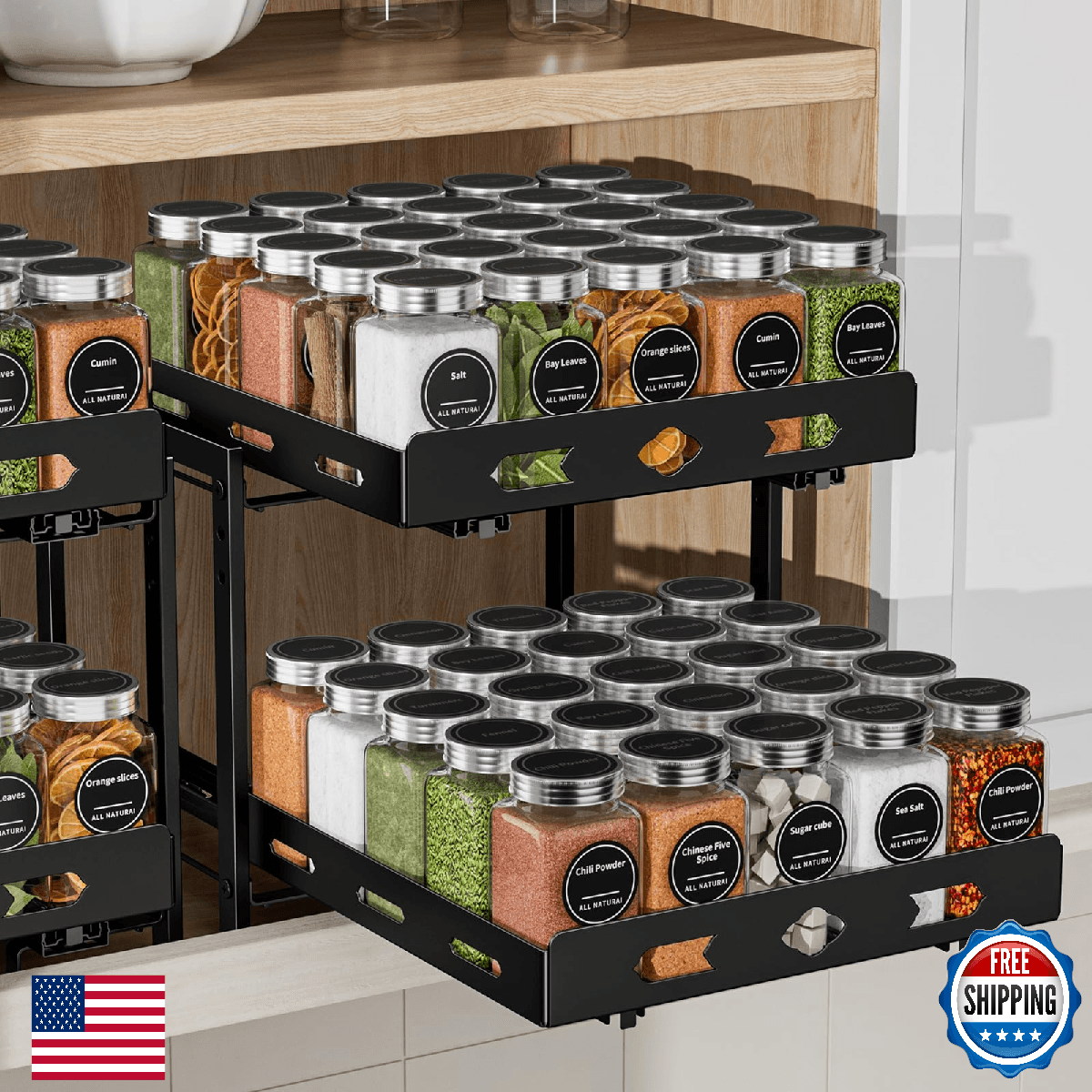 BOIVSHI 2-Tier Adjustable Vertical Spice Rack Organizer Metal Black Kitchen Cabi - Image 1