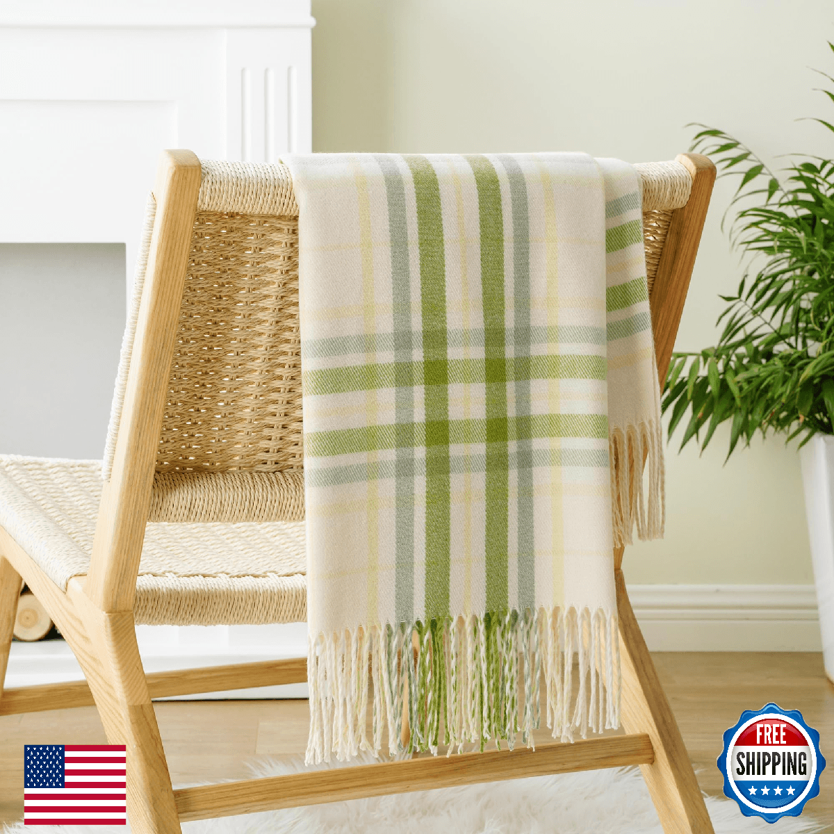 BATTILO HOME Plaid Throw Blanket for Couch Bed, Decorative White Green, Spring/S - Image 1