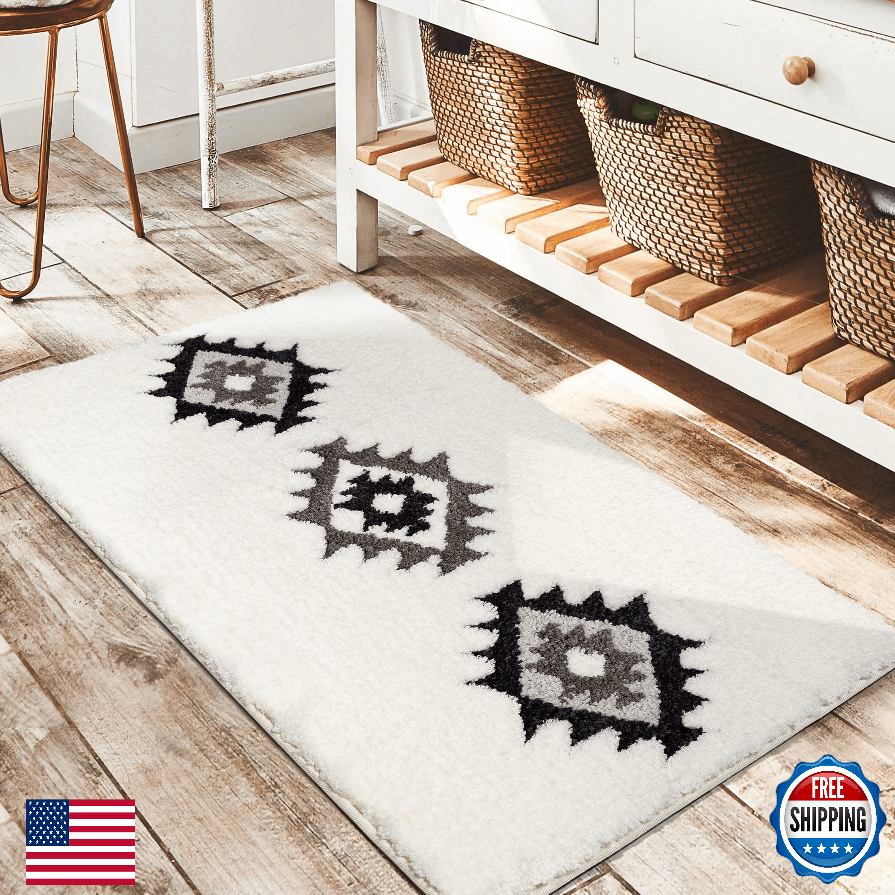 DEXDE Boho Black White Bath Mat Rug 24x36 Non-Slip Geometric Microfiber - Image 1
