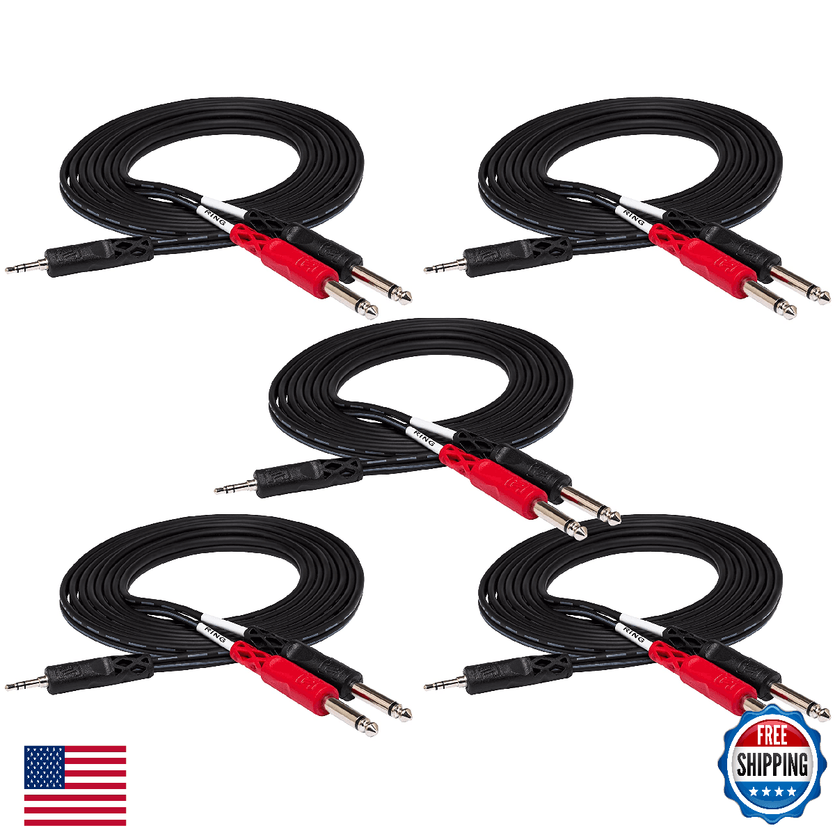 Hosa CMP-159 3.5 mm TRS to Dual 1/4" TS Stereo Breakout Cable, 9 Feet (5-Pack) - Image 1