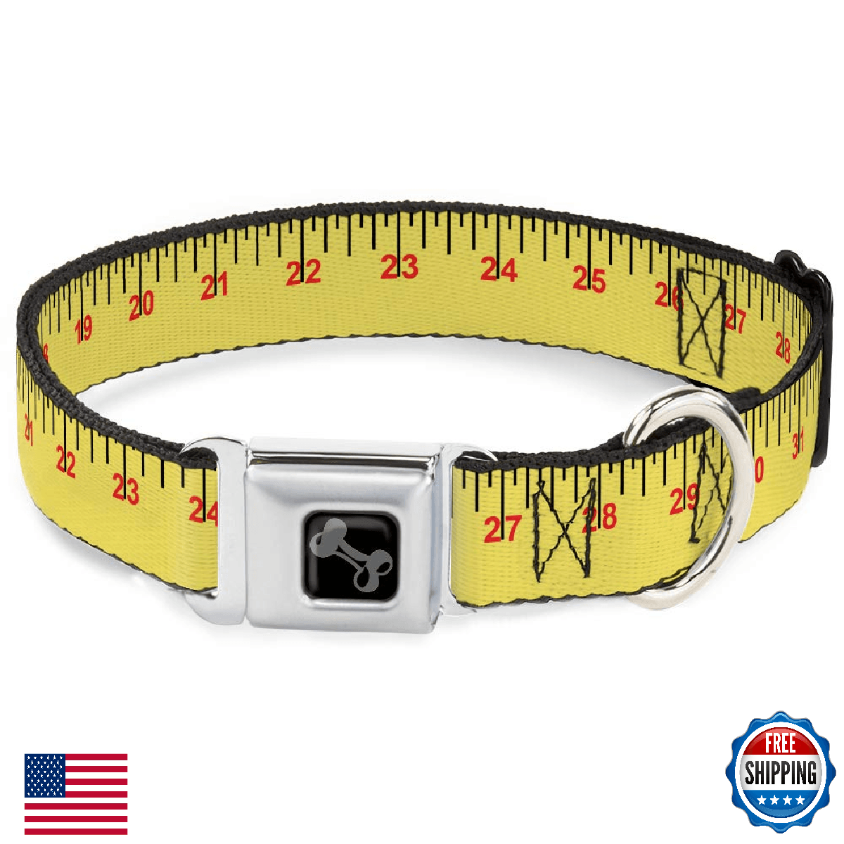 Dog Collar Seatbelt Buckle Measuring Tape Yellow Black Red 18-32" L, 1.5" W - Image 1