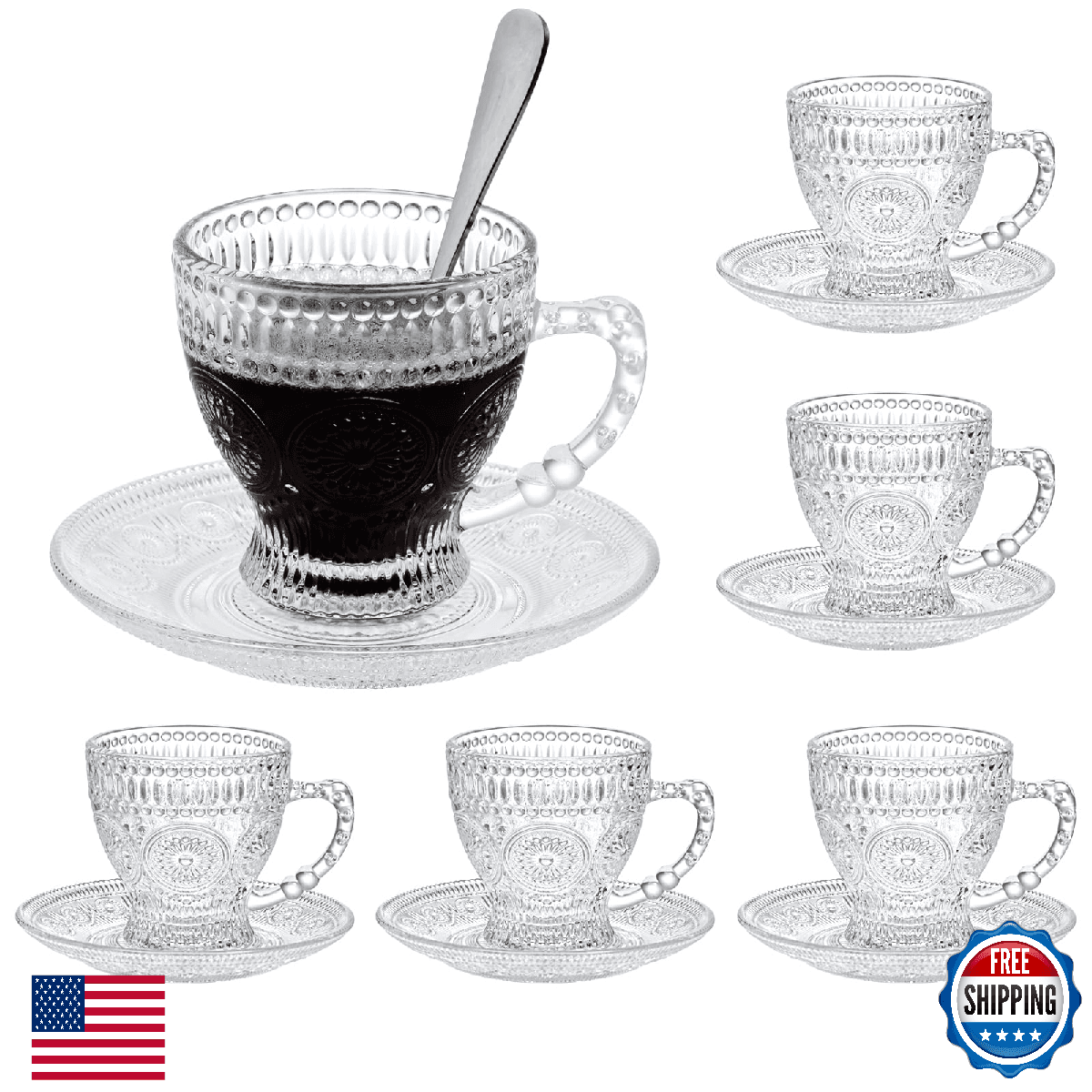 GURUDAR Glass Teacups and Saucers Set of 6, Vintage Coffee Mugs with Stainless S - Image 1