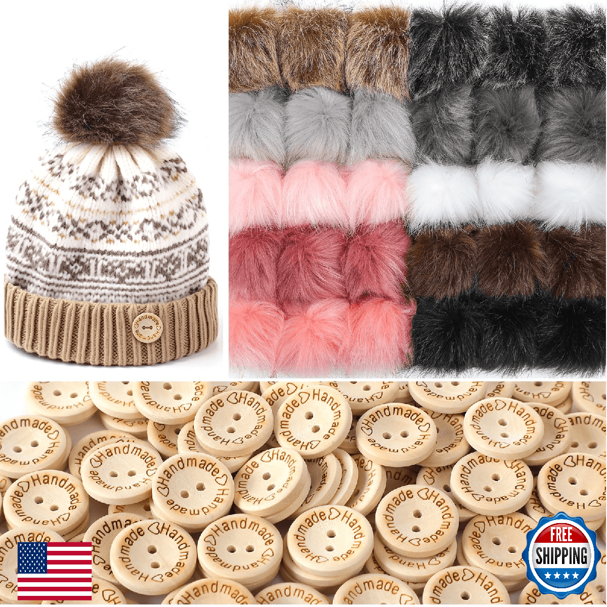 Cinnvoice 30 Pcs Faux Fur Pom Poms for Hats 4" with 100 Pcs Handmade Buttons 20m - Image 1