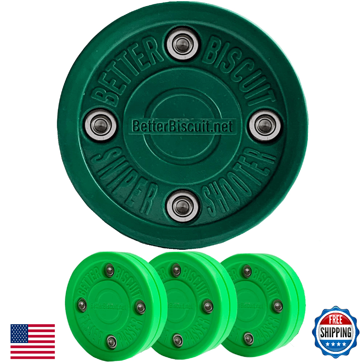 Better Biscuit Hockey Pucks 4 Pack - 3 Passer & 1 Shooter, Green/Dark Green - Image 1