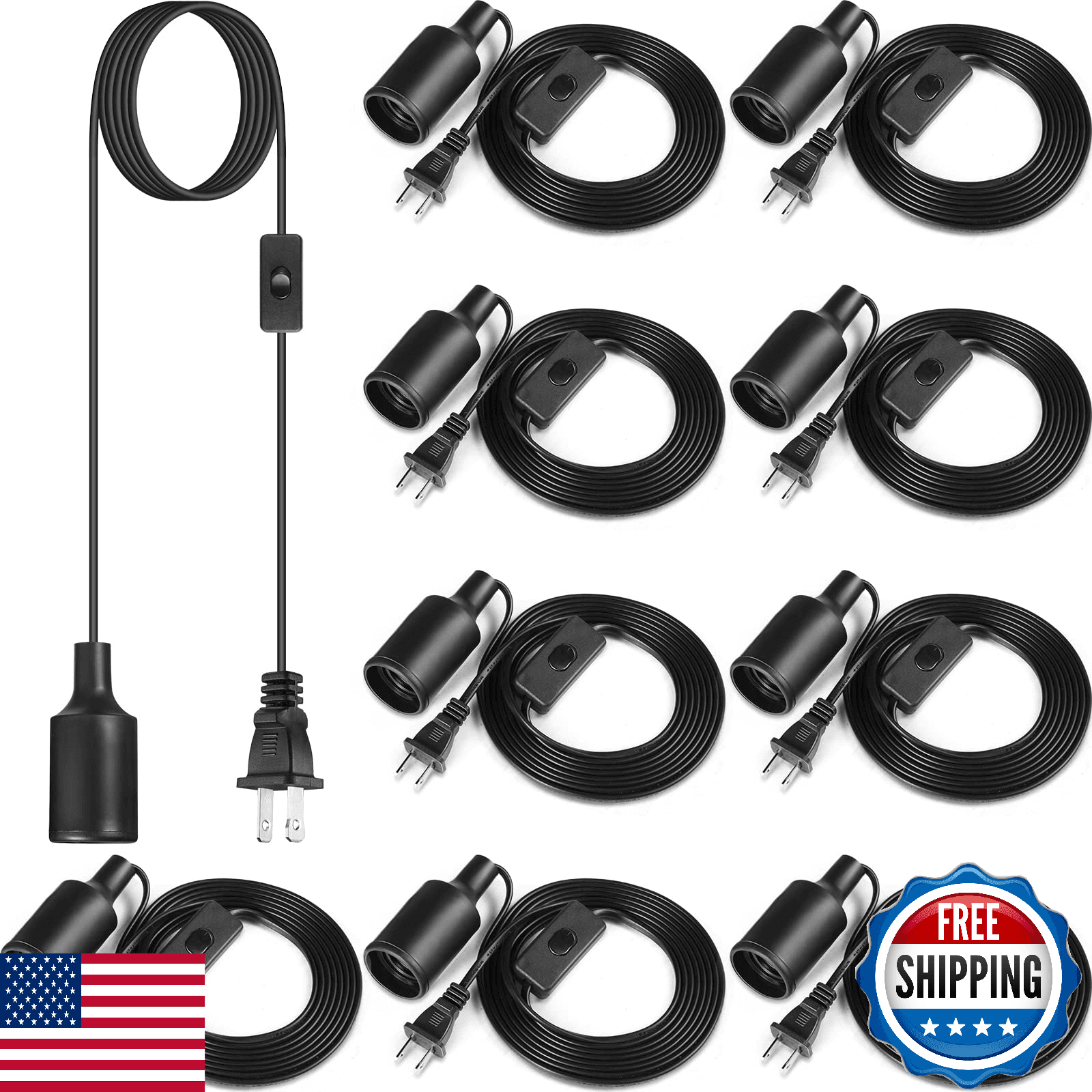10-Pack E26/E27 Hanging Pendant Light Cord w/Switch 9.8ft Extension - Image 1
