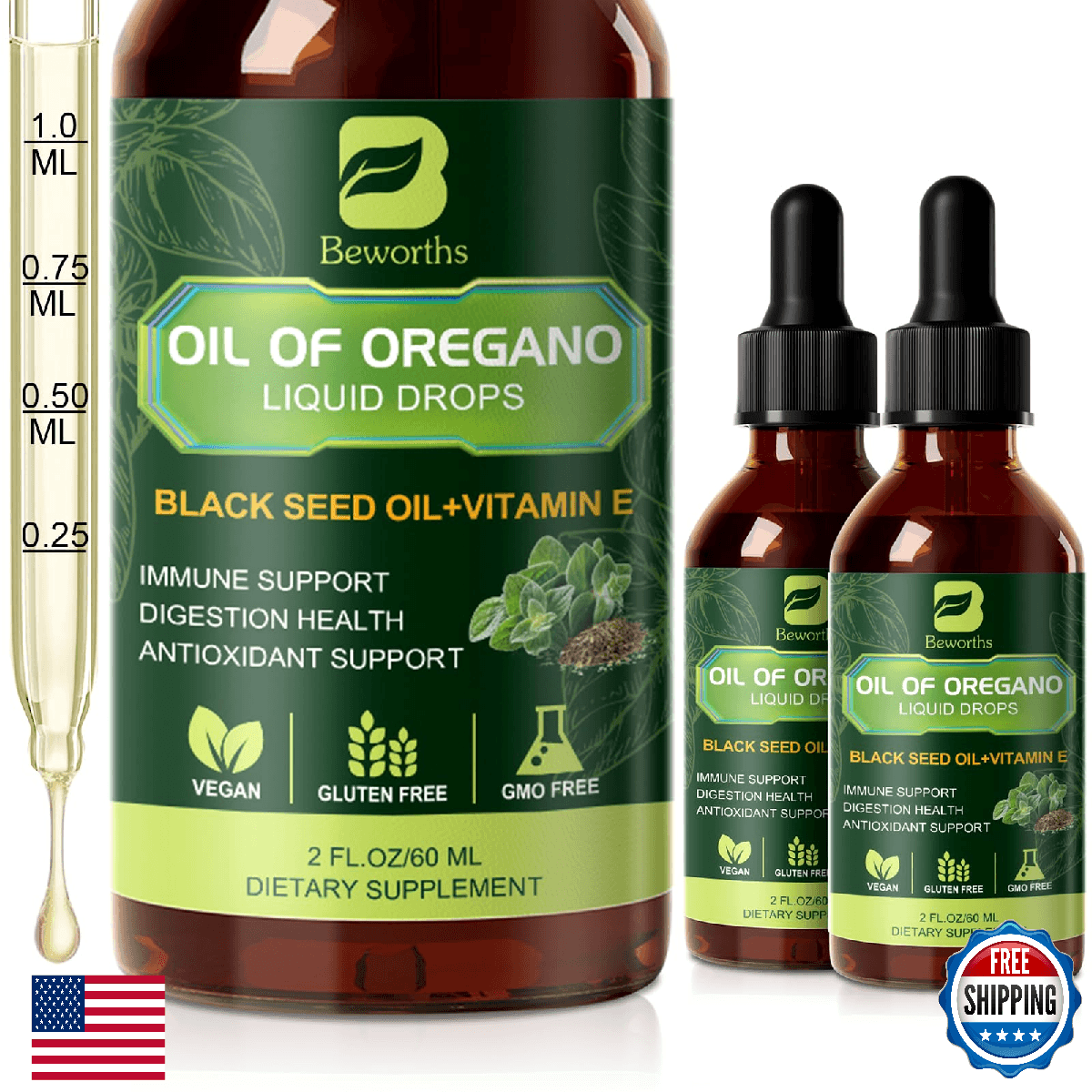 B BEWOTHS 2PACK Oregano Oil Drops, Oil of Oregano with Black Seed Oil, Vitamin E - Image 1