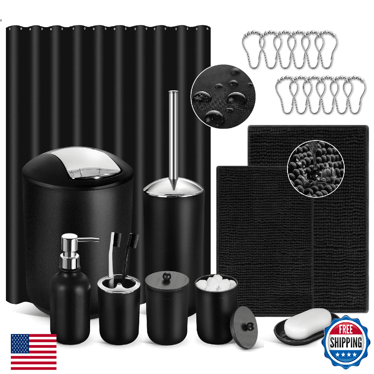 ALPIRIRAL 22-Piece Black Bathroom Accessories Set w/ Shower Curtain & Rugs - Image 1