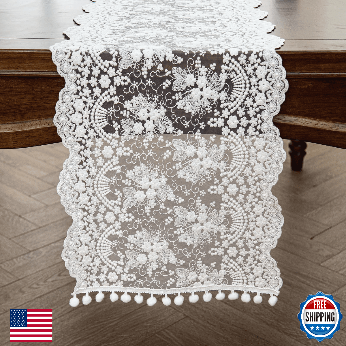 Joyfol Day White Lace Table Runner, Embroidery Cotton Floral Table Cover, 14"x12 - Image 1