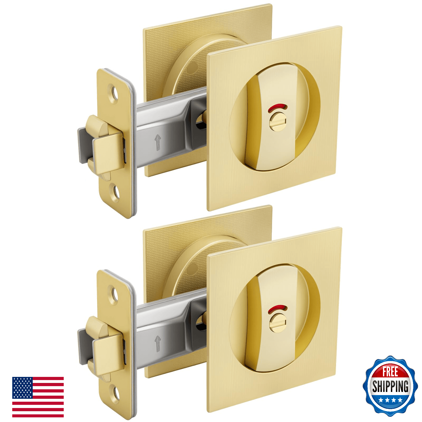 Goldenwarm Brushed Gold Square Pocket Door Lock w/ Indicator 2-Pack - Image 1