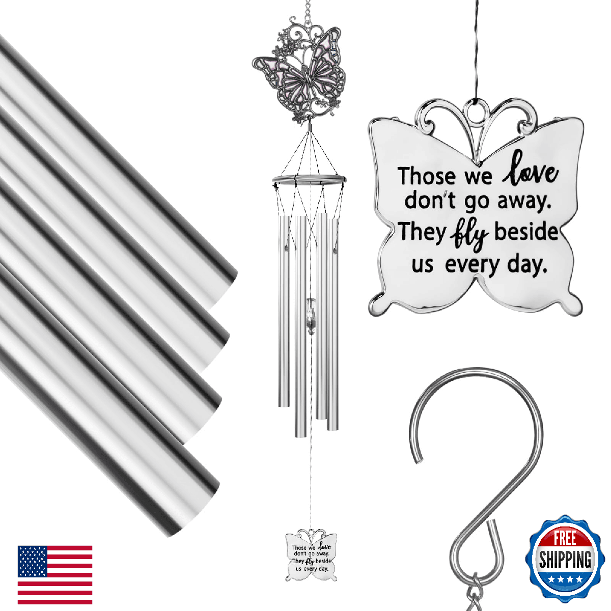 Kingtto Butterfly Wind Chime Sympathy Memorial Gift Loss Loved One Outdoor 22" - Image 1