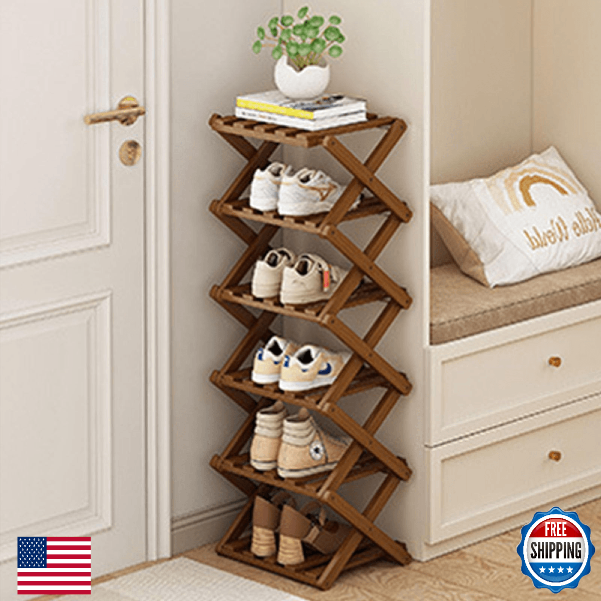 YYW Foldable Bamboo 3-Tier Shoe Rack Storage Organizer Shelf - No Assembly - Image 1