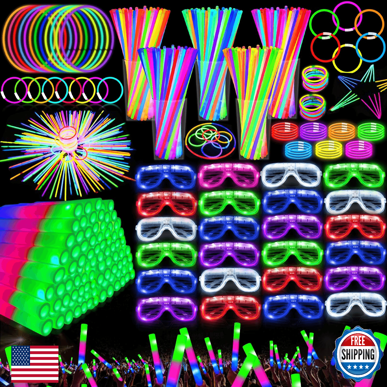 Camlinbo 148pc Glow in Dark Party Supplies: Foam Sticks, LED Glasses, Light Up F - Image 1