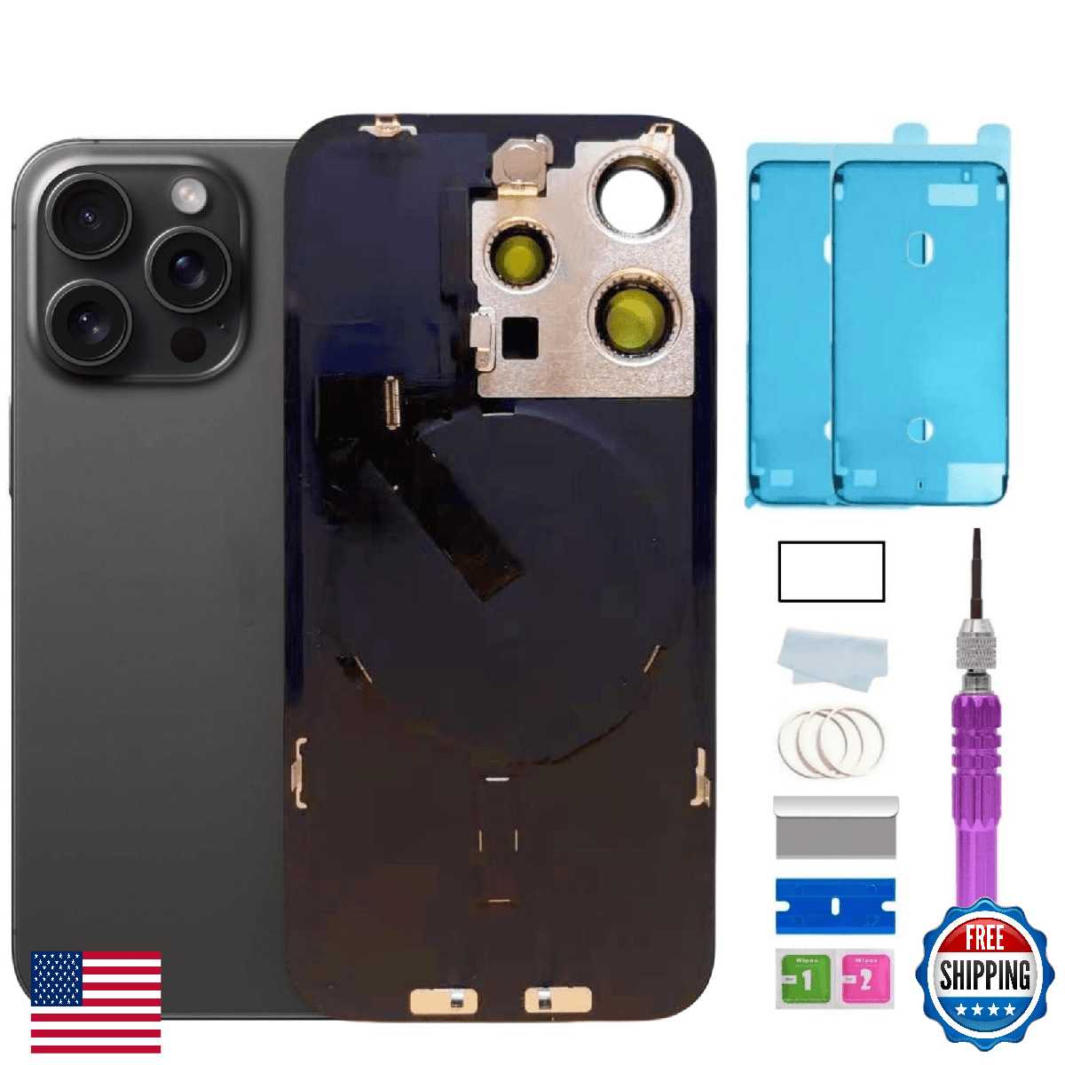 Apple iPhone 15 Pro Max Back Glass Replacement Kit WaterprooT Tape Tools Black T - Image 1