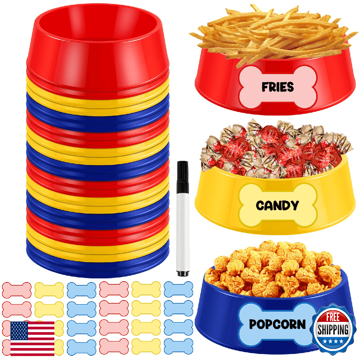 Demonwer 24 Set Dog Paw Plastic Bowls Dog Birthday Party Supplies Red Blue and Y - Image 1