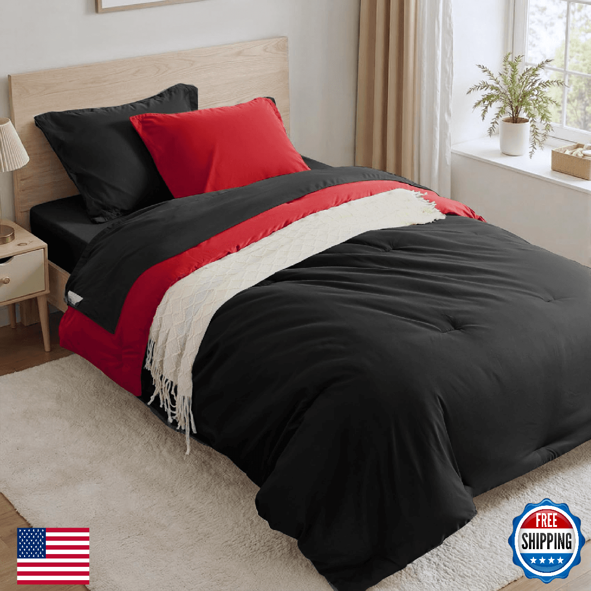 Anluoer Black Red Twin Comforter Set 5 Pieces Bed in a Bag Sheets Pillow Sham Pi - Image 1