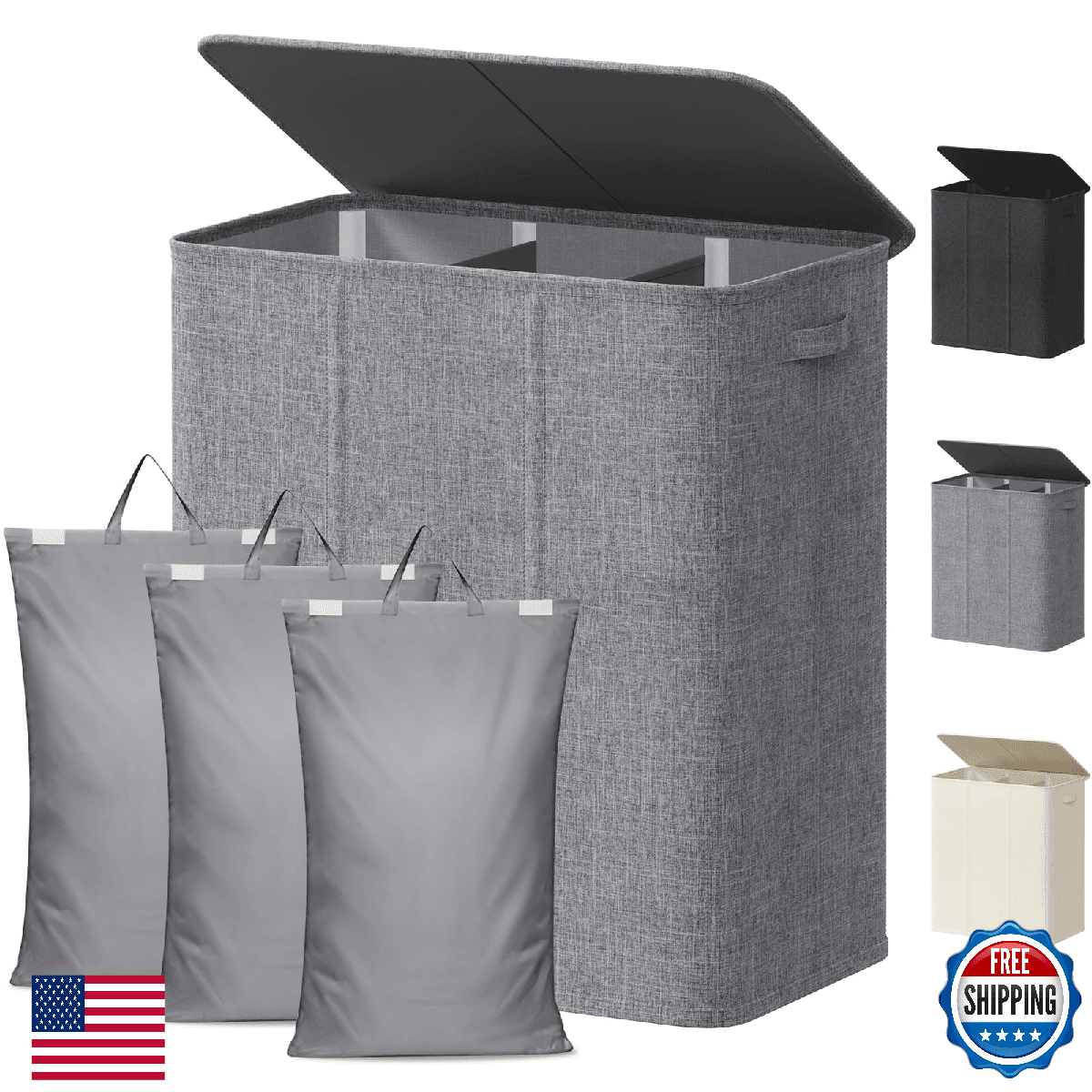 Lifewit Triple Laundry Hamper with Lid and Removable Laundry Bags, Large Collaps - Image 1