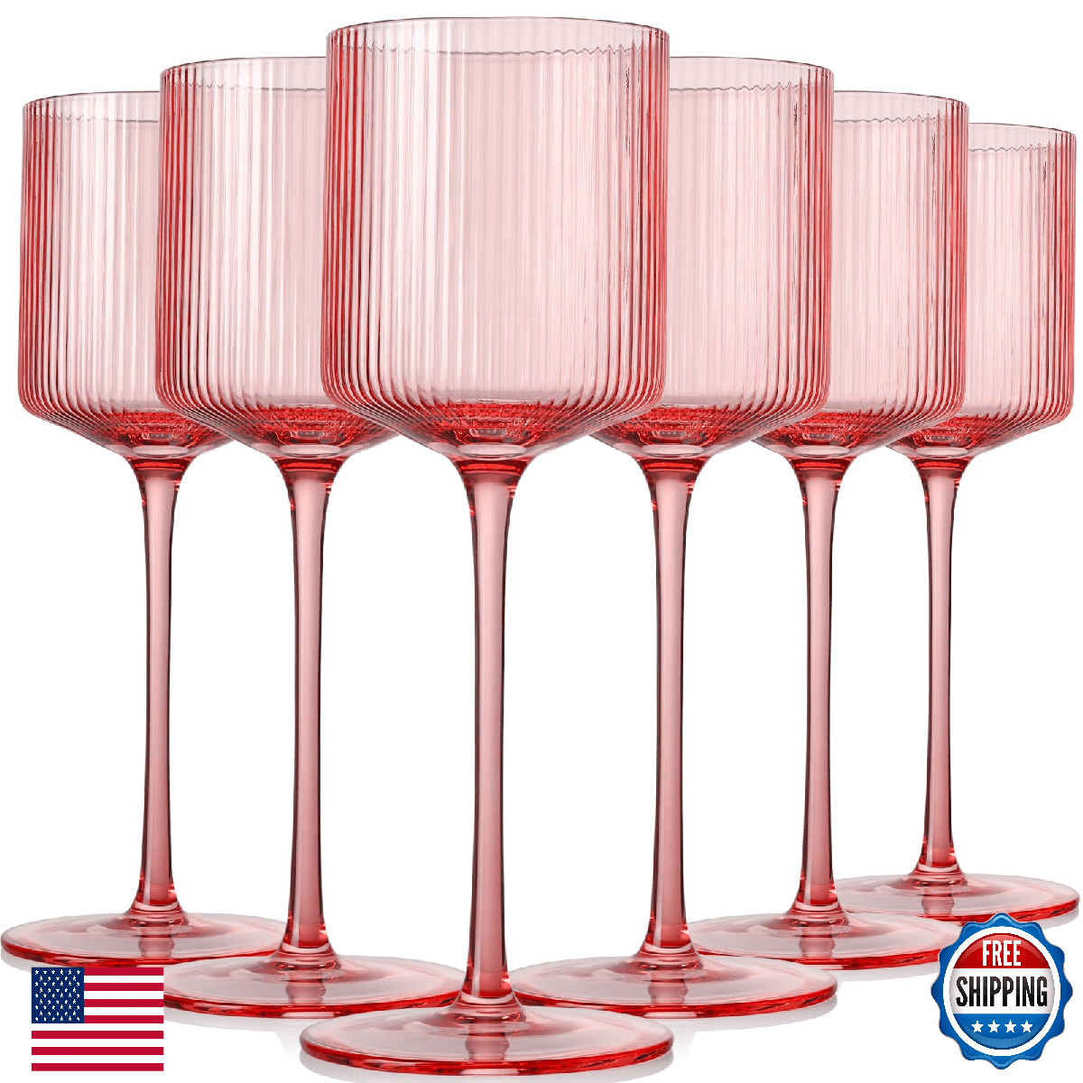 Vintacicle Pink Square Wine Glasses Set of 6, Elegant Ribbed Design Colored Crys - Image 1