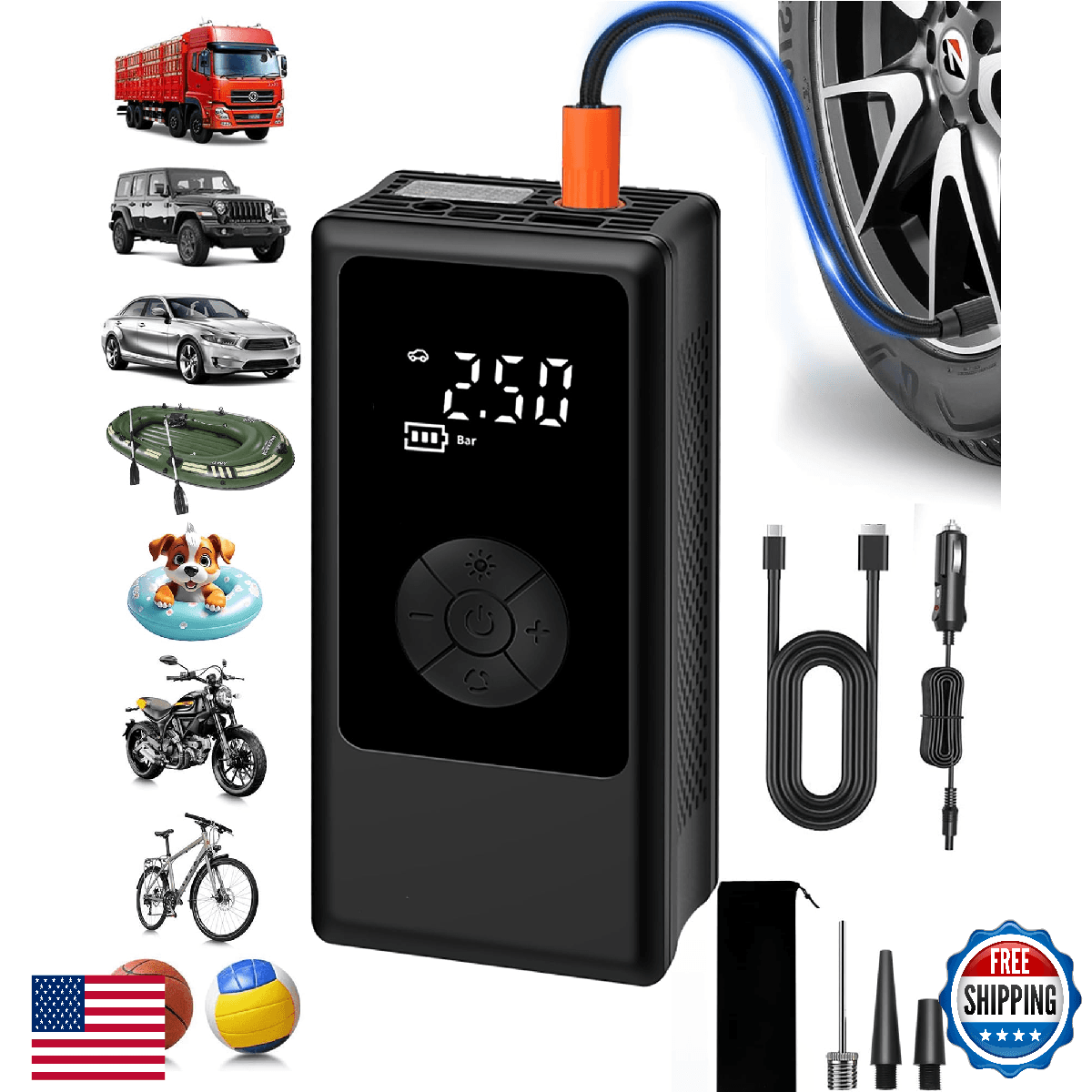Tire Inflator Portable Air Compressor for Car, Ball Basketball Pump for Sports B - Image 1