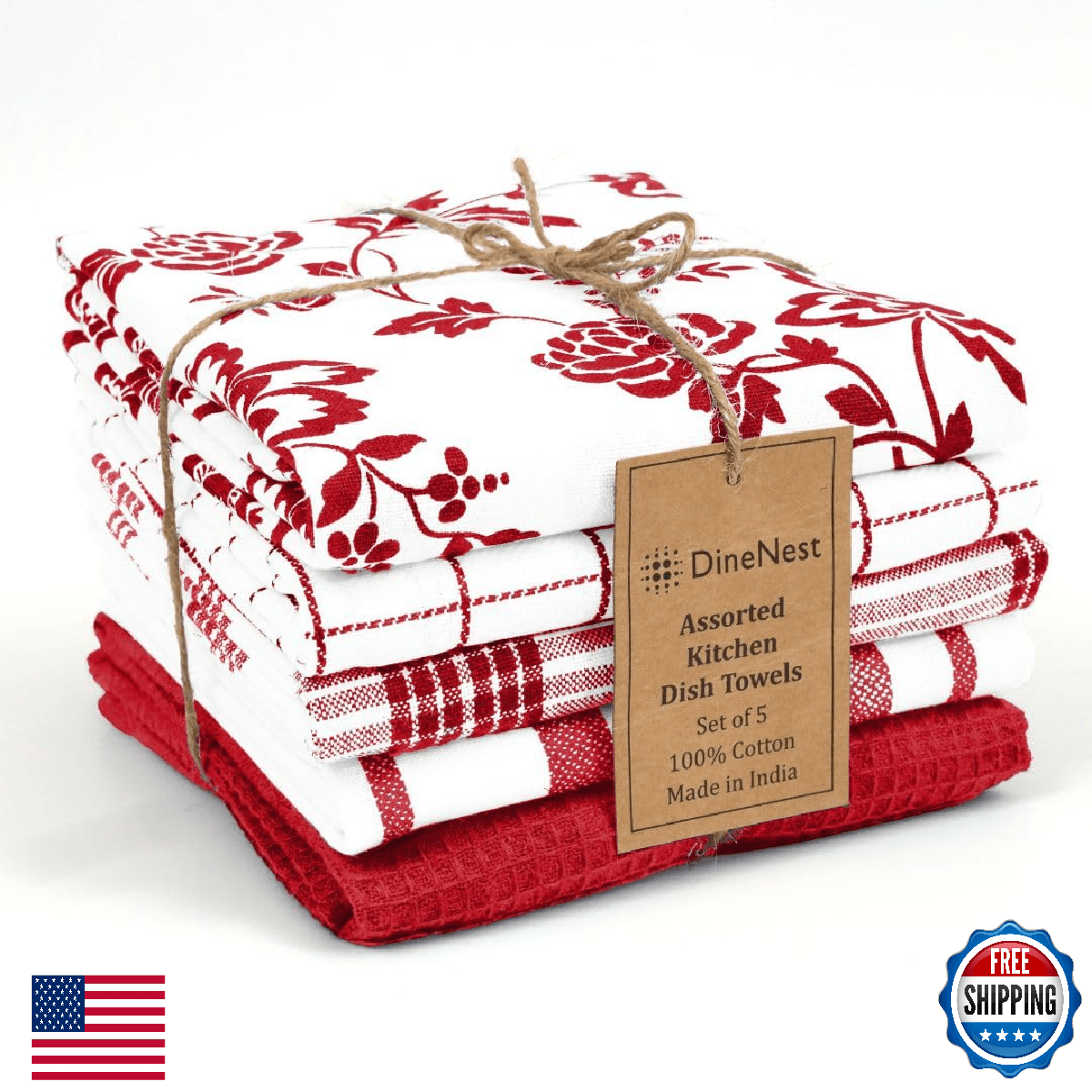 DineNest Assorted Kitchen Towels 100% Cotton 16x26 Inch - Super Absorbent, Soft - Image 1