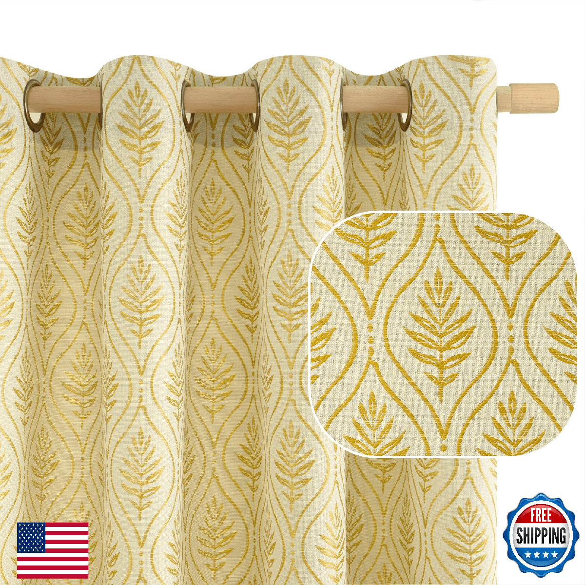 BGment Mustard Yellow Leaf Jacquard Curtains 72 Inches Long for Living Room, Fre - Image 1