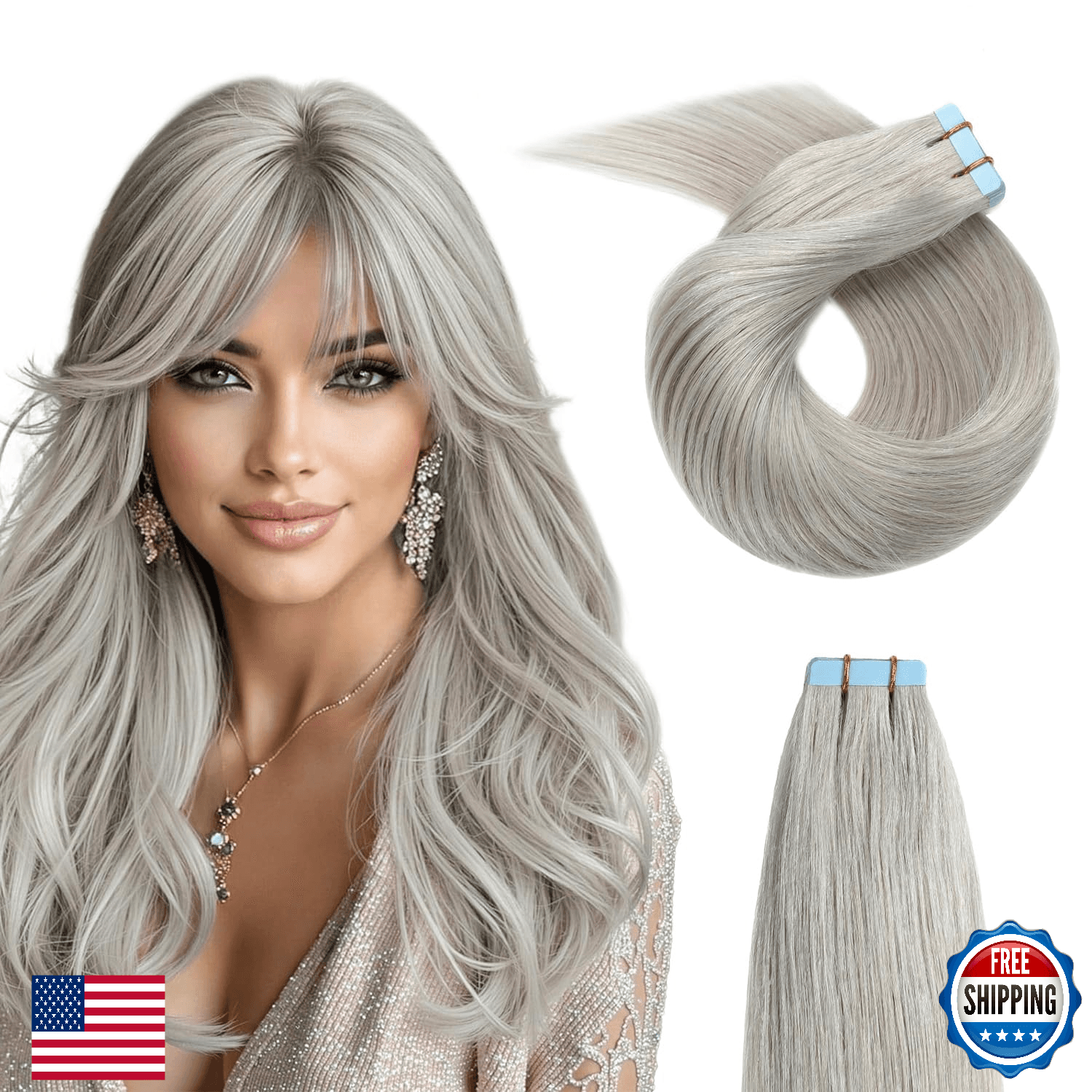 YILITE 20pc Silver Tape-In Human Hair Extensions 12in Seamless Skin Weft - Image 1