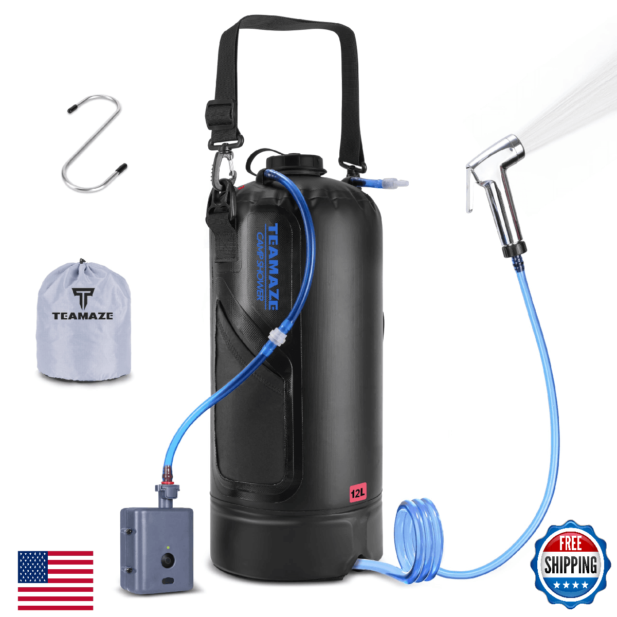 Teamaze 12L Portable Camping Shower Bag w/ Auto Pressure Pump & Solar Heating - Image 1