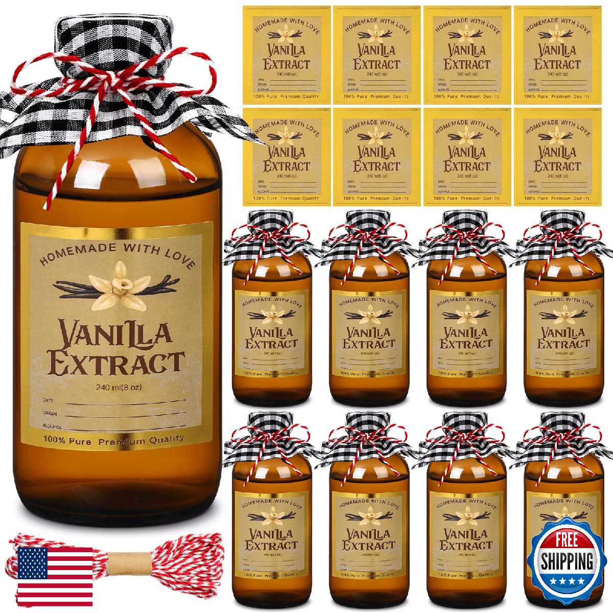 Uiifan 8 Pcs Glass Bottles Jars for Vanilla Extract 8 oz Amber Glass Jars with C - Image 1