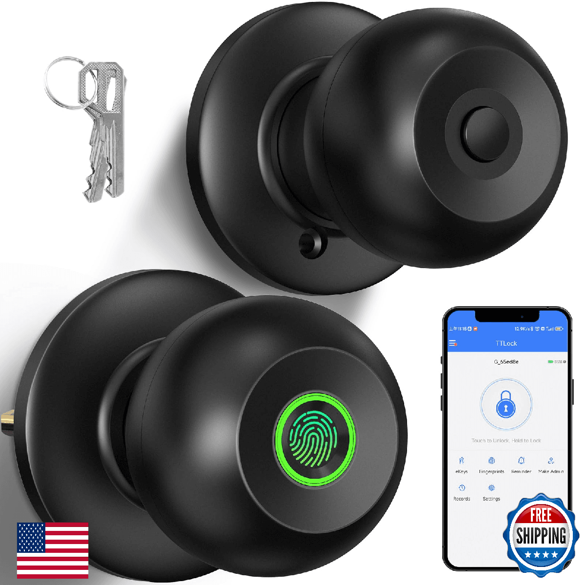 52HZ Fingerprint Door Knob with Lock, Smart Lock for Bedroom Door, Biometric Doo - Image 1